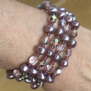 Mauve Faux Freshwater Pearl, Pink Crystal Elastic Bracelet, Vintage, Small, Vintage (S16)