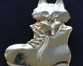 Chat dans une botte de broche, Vintage, Gold tone (Z13)