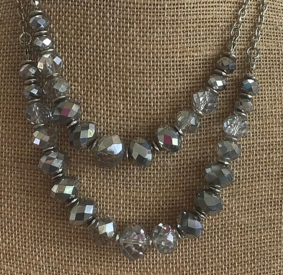 Metallic Silver Crystal Double Strand Necklace, V… - image 1