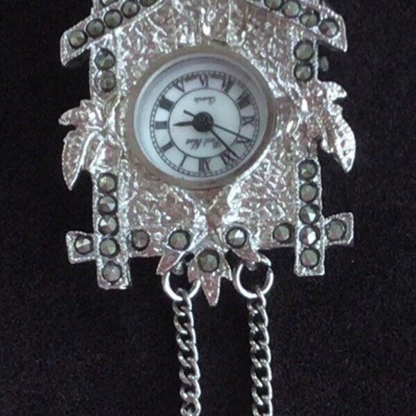 Reserve for S.   Silver Marcasite Cuckoo Clock Watch/Pendant Necklace, Vintage (AE9)