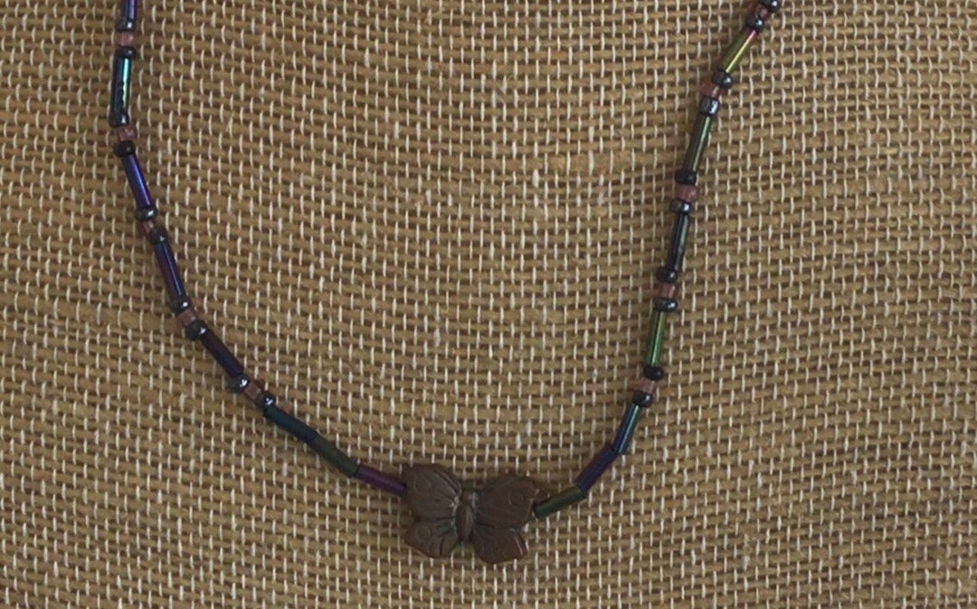 Black Iridescent Glass Bugle Bead, Brass Tone Butterfly Necklace, 173/