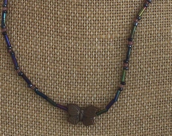 GLASS BEADS＋FEATHER BRASS NECKLACE SPARKLING Vintage Art Deco Necklace, Czech Amber Glass Bead