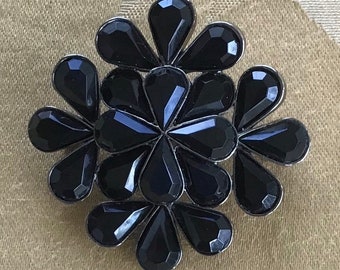 Black Faux Rhinestone Floral Brooch, Pin, Vintage (F6)