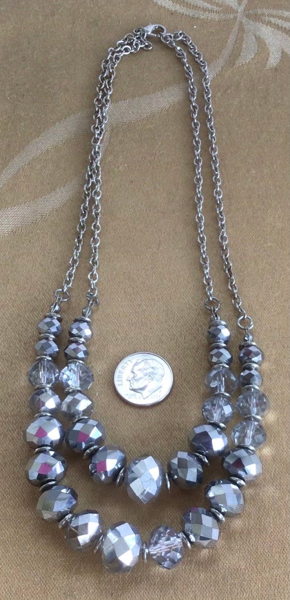 Metallic Silver Crystal Double Strand Necklace, V… - image 3