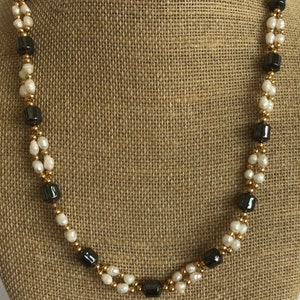 White Freshwater Pearl, Gray Hematite, Gold Twisted Beaded Necklace, 20” (J13)