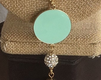 Mint Green Enamel, Gold tone Tassel Necklace, Rhinestone, 24”-27” (D1)