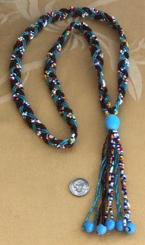 Blue, Brown, Multi-colored Glass Beaded Woven Tas… - image 3
