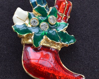 Épingle rouge, vert de bas de Noel, brooch, ton d'or, strass, cru (R3)