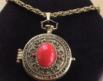 Faux Red Coral, Gold tone Locket Pendant Necklace, Vintage, 25” (M9)