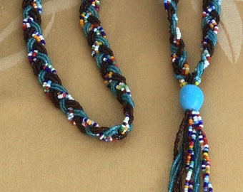 Blue, Brown, Multi-colored Glass Beaded Woven Tassel Necklace, 28”, Vintage