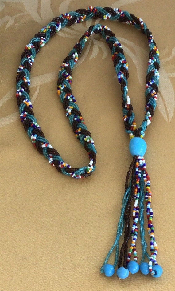 Blue, Brown, Multi-colored Glass Beaded Woven Tas… - image 1