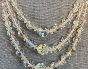 Aurora Borealis Crystal Beaded, Multi-strand Necklace, 13”-16”, Vintage (M9)