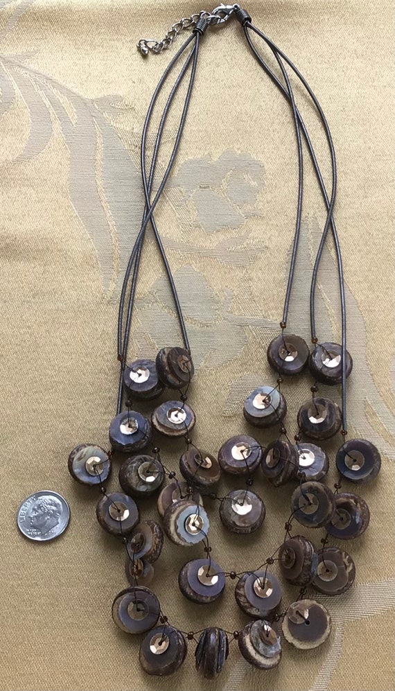 Brown Coconut Shell, Gold Sequin Multi-strand Nec… - image 3