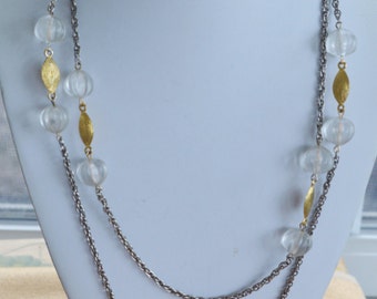 Pretty Vintage Clear Beaded, Gold tone, Silver tone Chain Necklace, 48" (AH8)