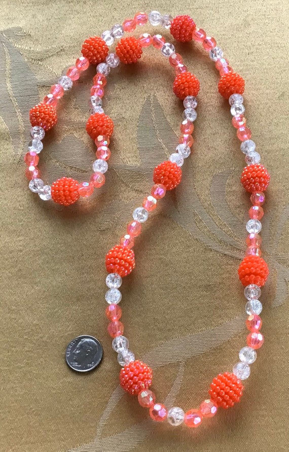 Coral Orange, Clear Plastic Beaded Necklace, Vint… - image 3