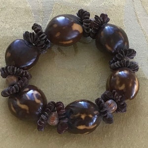 Brown Nut, Seed, Wooden Beaded Elastic Bracelet, Large