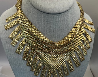 WHITING & DAVIS Gold tone Mesh Bib Necklace, 13”-16”, 1970’s (M9)