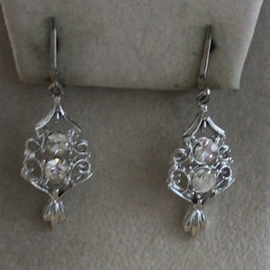 Rhinestone Dangle Clip Earrings, Vintage, Silver tone (L4)