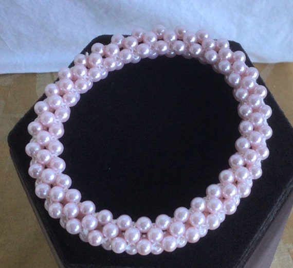 Soft Pink Faux Pearl Woven Bracelet, Vintage (U8) - image 1