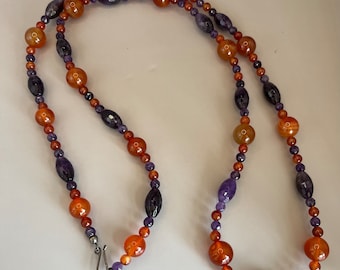 Amethyst, Carnelian Beaded Necklace, 42”, Sterling Clasp