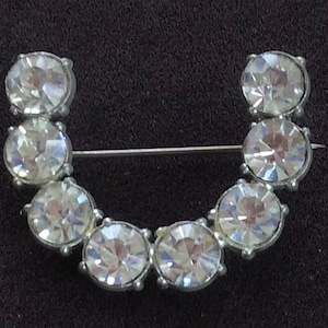 Puede incluir: Un broche de plata en forma de herradura con diamantes de imitación transparentes.
