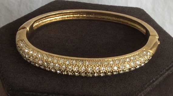 Clear Rhinestone, Gold tone Bangle Bracelet, Opens, Vintage (P9)