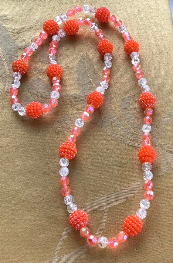 Coral Orange, Clear Plastic Beaded Necklace, Vint… - image 2