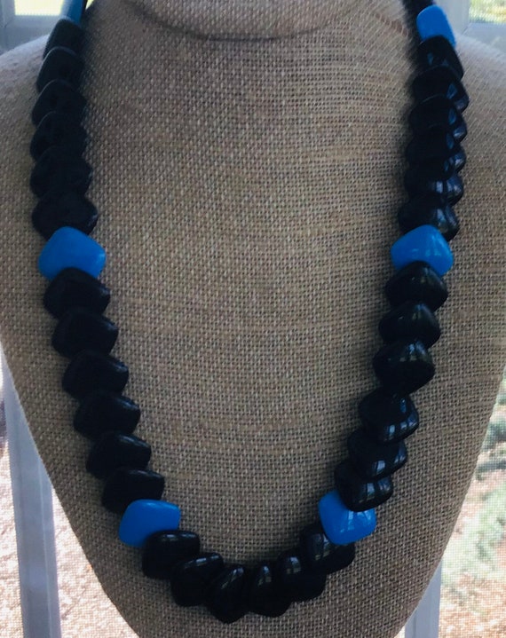 Black, Blue Plastic Beaded Necklace, Vintage, 24” - image 1