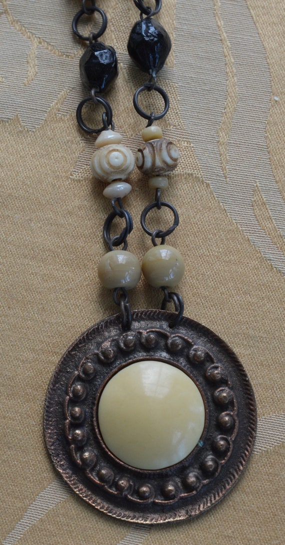 Black, Beige Copper Pendant, Beaded Necklace, Vin… - image 2