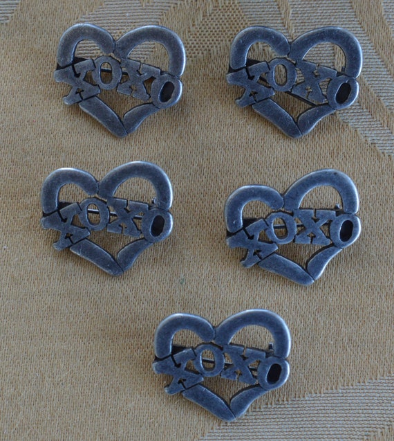 Heart X and O Pin Lot, (5) Silver Tone, Vintage, New Old