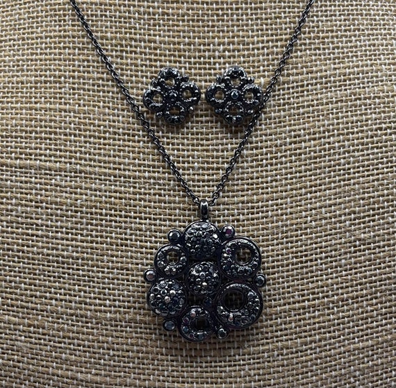 Gunmetal Gray Marcasite Floral Necklace Pierced Earrings Set
