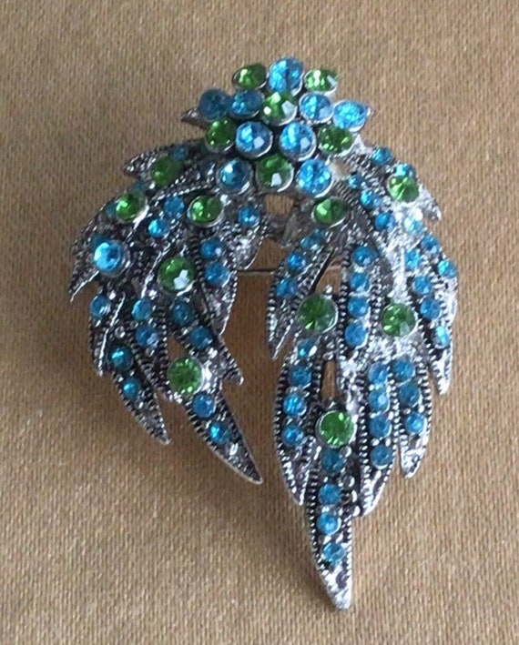 Aqua Blue, Peridot Green Floral, Leaf Brooch, Pin… - image 2