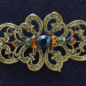 Multi-colored Rhinestone, Brass Filigree Brooch, Pin, Vintage, 1940&#39;s (J4)