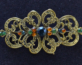 Multi-colored Rhinestone, Brass Filigree Brooch, Pin, Vintage, 1940's (J4)