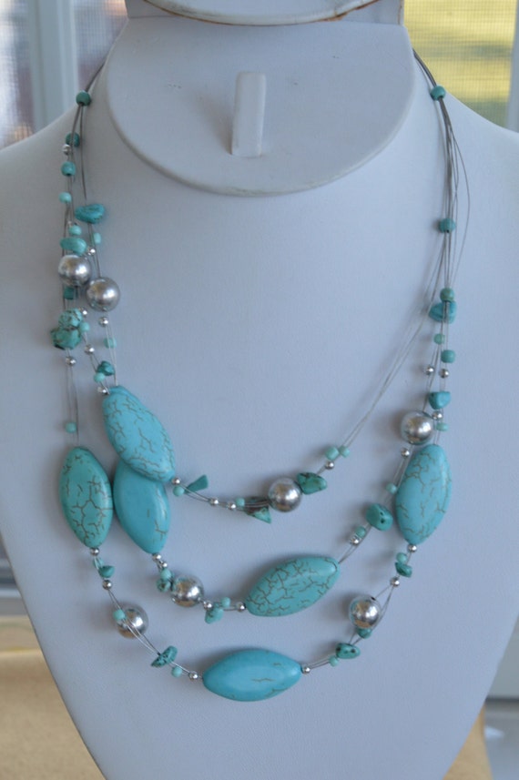 Multi layer choker necklace tassel necklace Silver toned turquoise colored stone