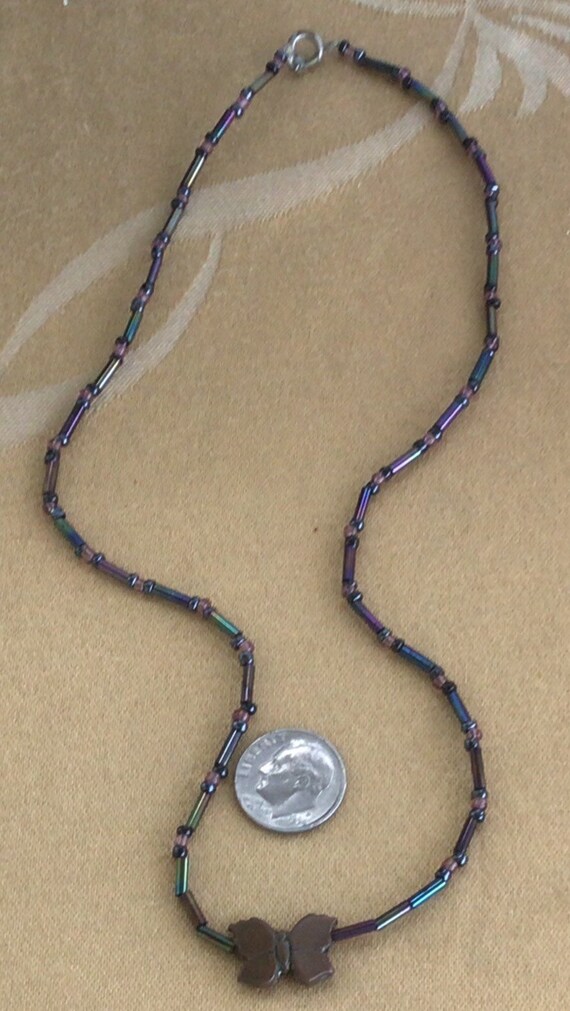 Black Iridescent Glass Bugle Bead, Brass tone Butterf… Gem