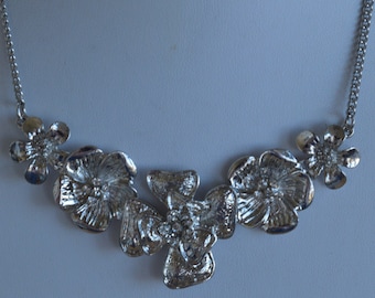 Rhinestone Floral Necklace, Silver tone, Vintage, 16"