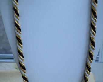 Black, White, Gold tone 8mm Twisted Necklace, Vintage, 30" (TB79)