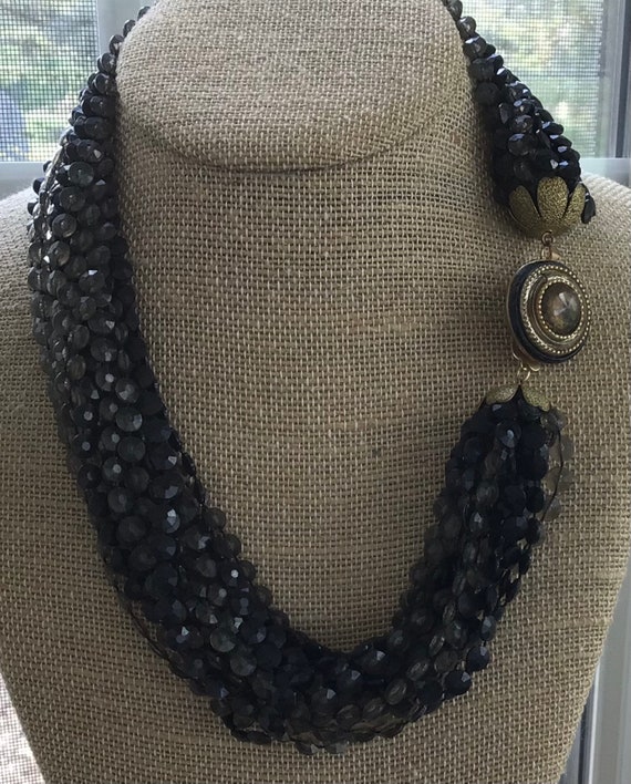 Black, Brown Plastic Beaded, Multi-strand Necklac… - image 1