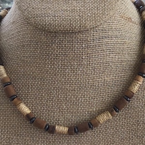 Brown, Beige, Gray Wooden, Cord, Hematite Necklace, Vintage, 17-3/4” (T14)