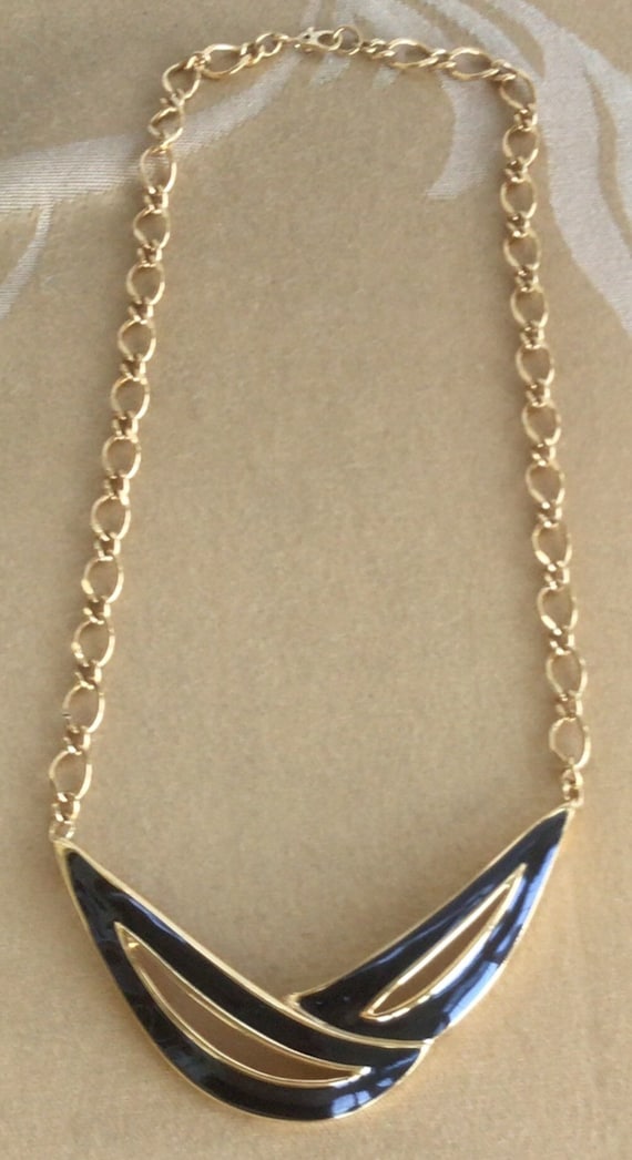 MONET Black Enamel, Gold tone Modern Necklace, 16… - image 2