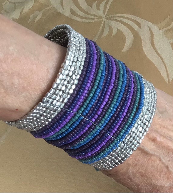 Purple, Blue Silver Beaded Cuff Bracelet, Vintage,