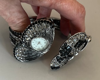 Black, Gray Crystal Butterfly Clamper Watch, Silver tone, Vintage