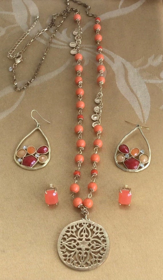 Orange, Red Necklace, Earring Set, Pierced, Gold t