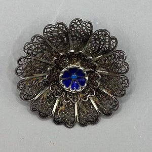 TOPAZIO Portugal Sterling Blue Enamel Floral Filigree Brooch, Pin, 1930’s, Vintage (AM2)