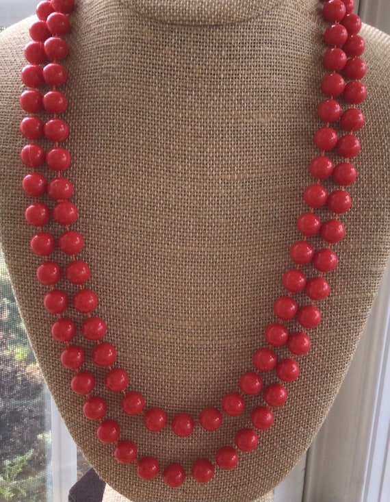 Red Plastic Beaded Necklace, Long, Vintage, 48”