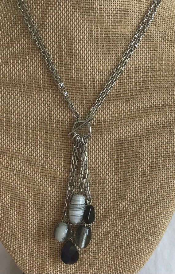 Gray, Black Glass Beaded “Y” Necklace, 17”, Vintag