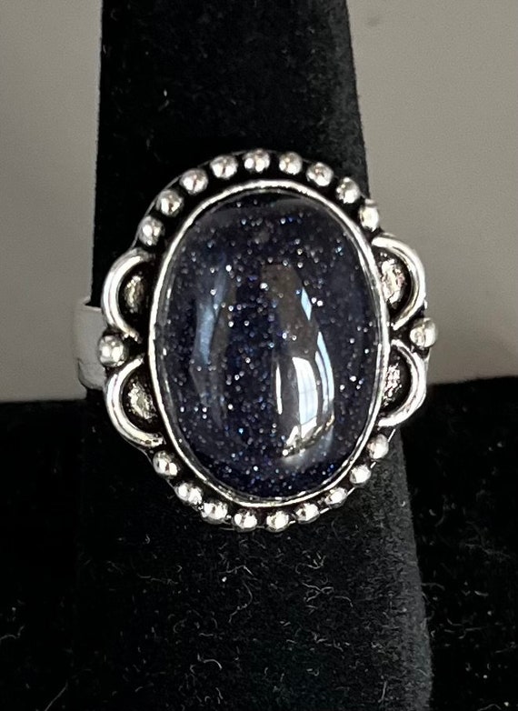 Blue Goldstone German Silver Ring, Vintage, Size 8