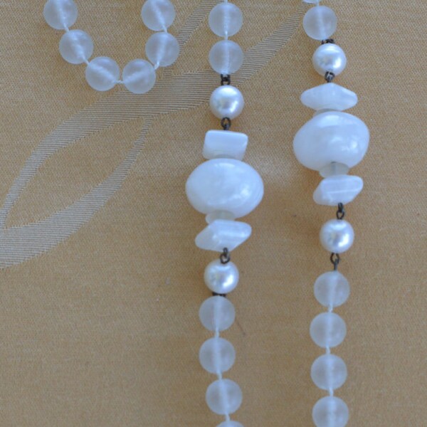 CORO Vintage Frosted White, Faux Pearl Plastic Beaded Necklace, 30"