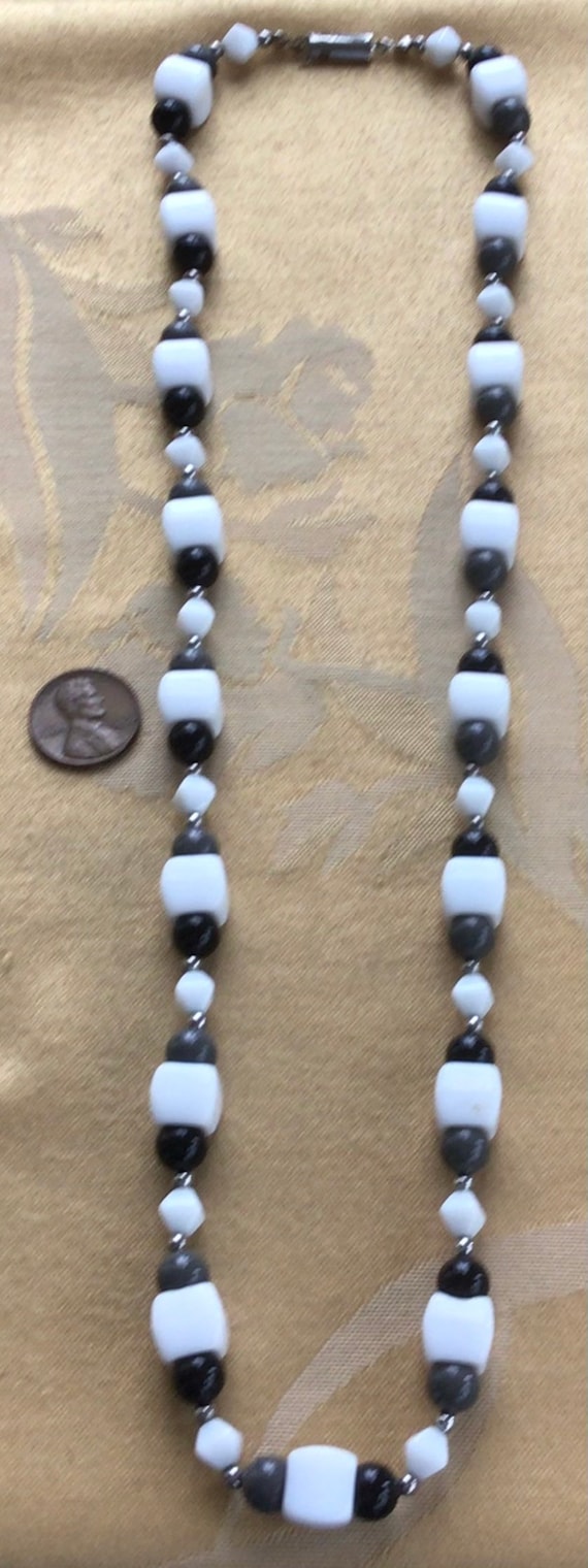 White, Black, Gray Glass Beaded Necklace, Silver … - image 2